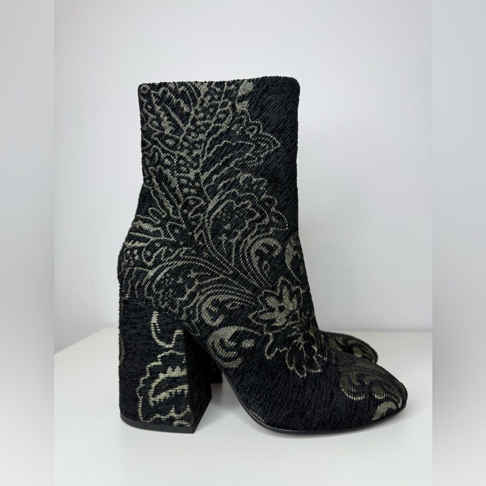 ASH Fedora Jacquard Tapestry Block Heel Ankle Boot Black Gold Brocade Women's 7